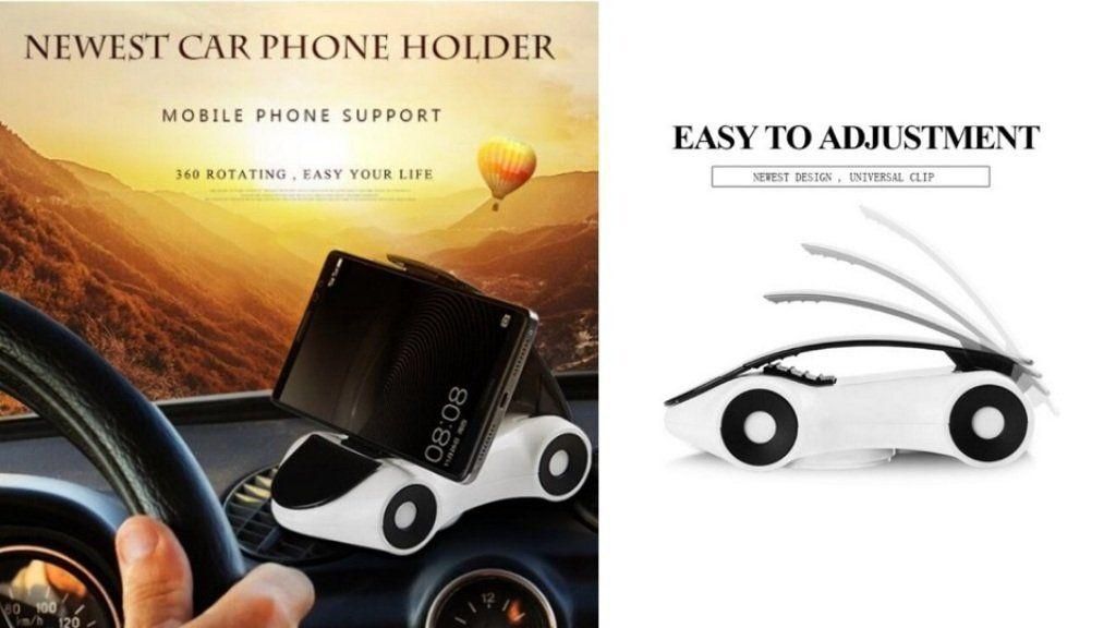 Car Shape 360-Degree Rotating Mobile Car Mount Holder Stand with Double Grip Holder for Windscreen, Dashboard and Table Desk